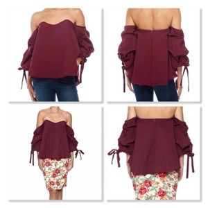 DO+BE Burgundy Off-Shoulder Ruffle Sleeve Blouse